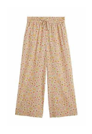 Pantalons larges en tissu léger, avec un motif floral en rose, jaune et vert sur un fond crème. Taille élastique.