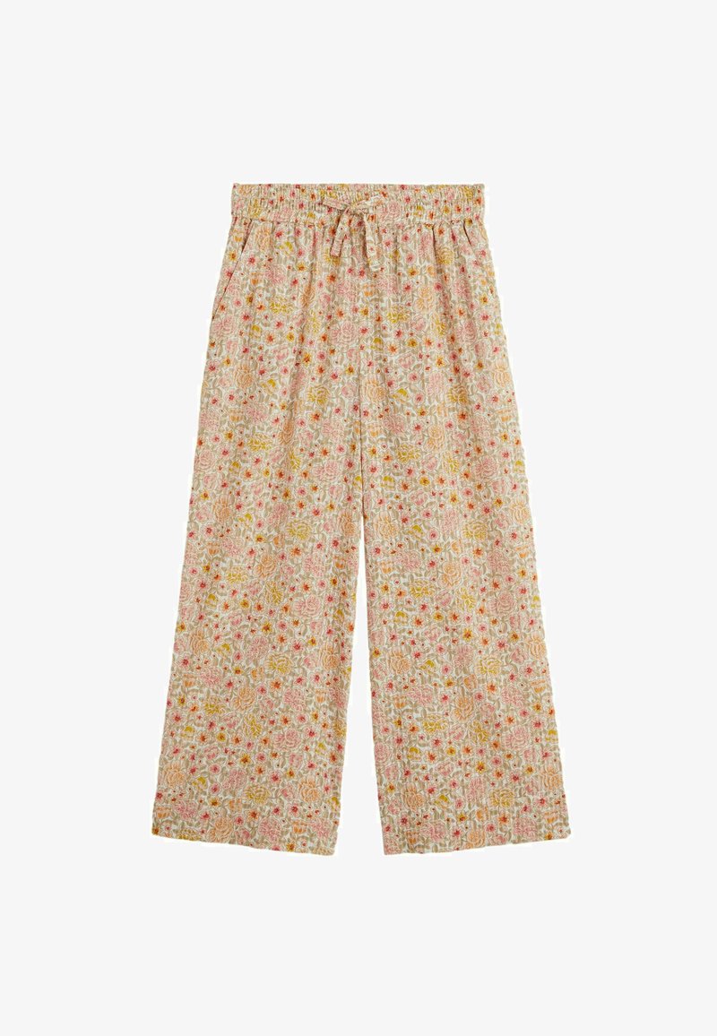 Pantalons larges en tissu léger, avec un motif floral en rose, jaune et vert sur un fond crème. Taille élastique.