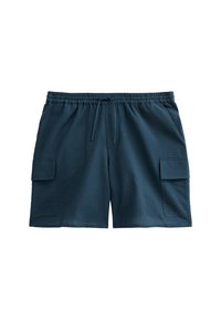 Marineblauwe cargoshorts met een elastische tailleband en trekkoord, voorzien van twee zijzakken en twee voorste cargozakken. Gladde stofstructuur.