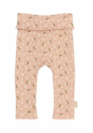 Roza pajkice s cvetličnim vzorcem in zelenimi poudarki. Imajo nabran pas in valovite roba na koncu. Mehka tkanina.