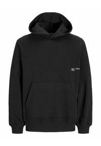 Sweatshirt à capuche noire en mélange de coton ; doté d'une poche kangourou à l'avant, de manches côtelées et d'un accent textuel blanc sur la poitrine.