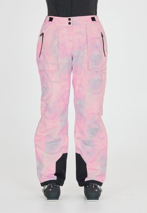 Rosa Snowboardhose mit Wolkenmuster, ausgestattet mit zwei Fronttaschen, schwarzen Akzenten an den Knöcheln und einem strapazierfähigen Material.