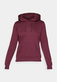 Hoodie bordeaux avec une poche avant, capuche à cordon de serrage ajustable, poignets côtelés et petit logo sur la poitrine. Matière douce en mélange de coton.
