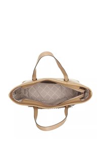 Sac fourre-tout en cuir tan avec deux poignées robustes, doté d'un intérieur en tissu gris matelassé et de compartiments zippés pour s'organiser.