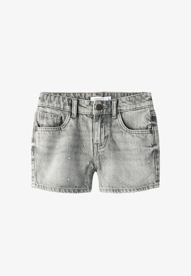 Pilki džinsiniai šortai su priekiniais mygtukais, diržo kilpelėmis, dviem priekinėmis kišenėmis ir subtiliu balto taškuoto rašto piešiniu.