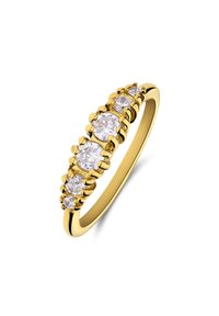 Gouden ring met vijf ronde, heldere diamanten in een scalloped ontwerp, met een gladde textuur en glanzende afwerking.