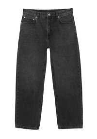 Schwarze Jeans aus Denim mit geradem Bein, fünf Taschen und Metallakzenten. Der Stoff weist eine dezente strukturierte Oberfläche auf.