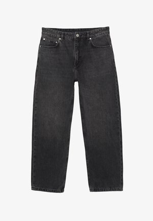 Černé džíny z denimu s rovnými nohavicemi, pěti kapsami a kovovými dekoracemi. Tkanina má jemný texturovaný povrch.