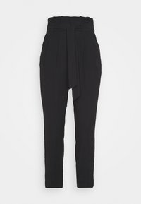 Svarta högmidjade byxor med självknuten bälte, plisserad front, avsmalnande ben och en slät textur. Designade för en skräddarsydd passform.