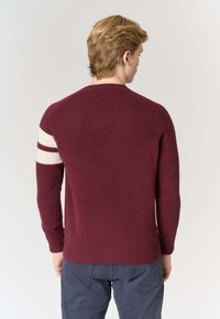 Maglione bordeaux lavorato a maglia con maniche lunghe e strisce crema sul braccio sinistro, orlo a coste. Tessuto liscio con vestibilità classica.