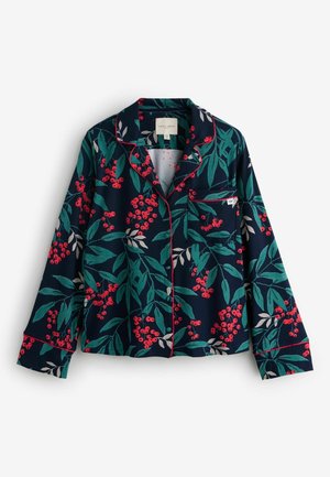 Kwiatowa piżama w granatowym kolorze z czerwonymi jagodami i zielonymi liśćmi. Posiada długie rękawy, kieszeń oraz czerwoną lamówkę przy kołnierzy i mankietach.