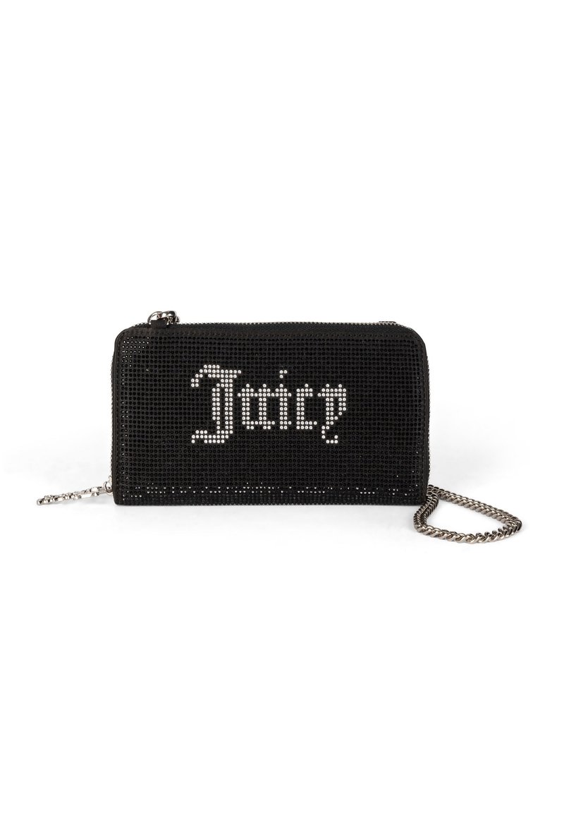 Clutch nera e rettangolare con strass. Presenta il logo "Juicy" in argento al centro. Include una tracolla in argento per il trasporto.