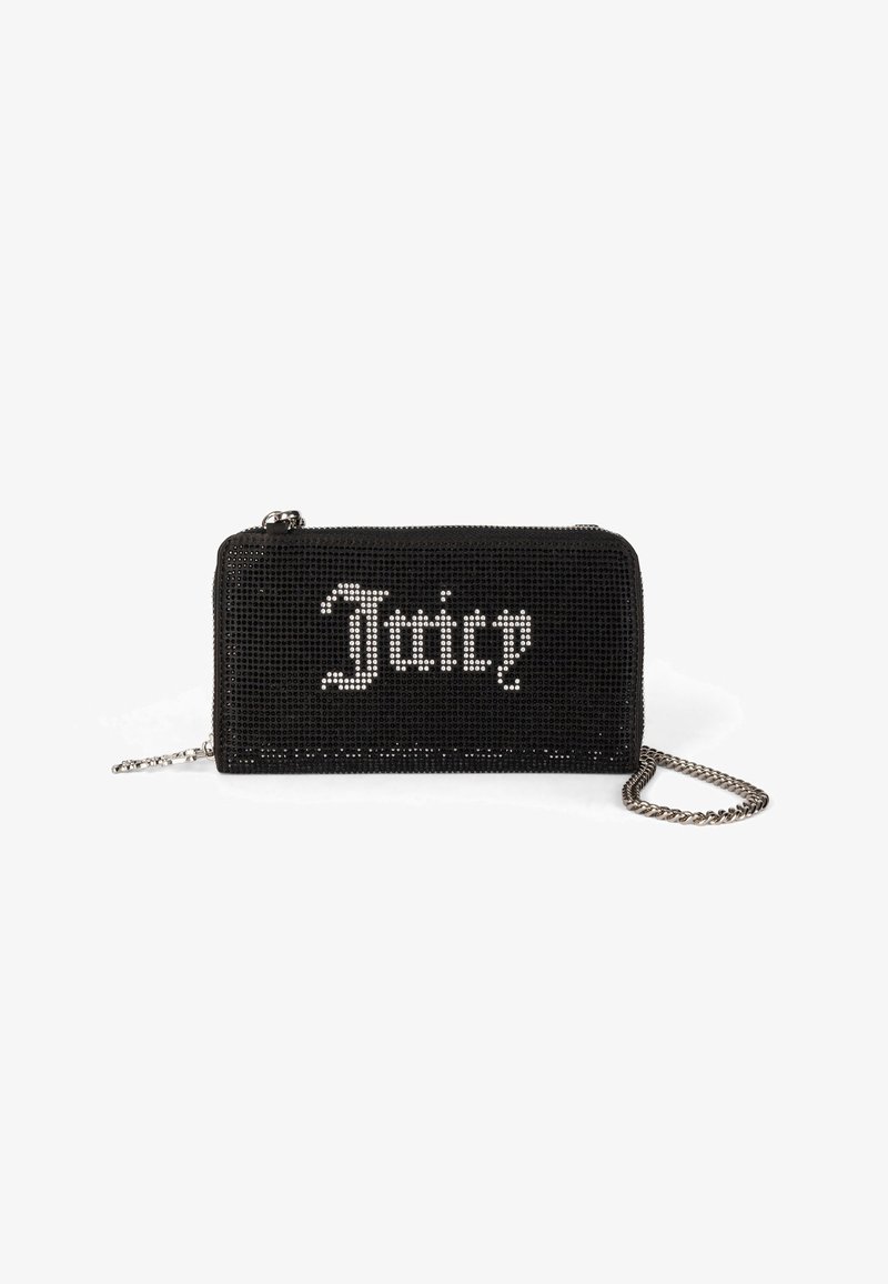 Clutch nera e rettangolare con strass. Presenta il logo "Juicy" in argento al centro. Include una tracolla in argento per il trasporto.