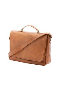 Borsa a tracolla in pelle marrone con un design strutturato, manico superiore e tracolla regolabile. Presenta una chiusura a patta e dettagli con cerniera.