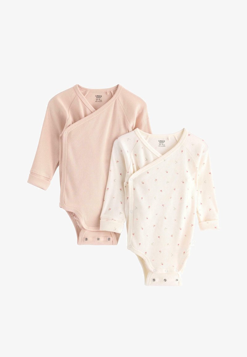 Due body in cotone a manica lunga: uno in morbido tessuto rosa a coste, l'altro in crema con un motivo floreale, entrambi dotati di chiusure a scatto sul fondo.