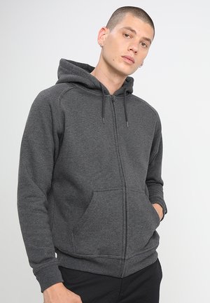Szary rozpinany hoodie wykonany z mieszanki bawełny, z kieszenią z przodu, kapturem z troczkami i ściągaczami, o gładkiej fakturze.