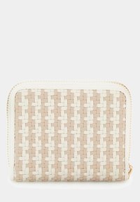 Woven wallet in beige and white, featuring a textured pattern, smooth edges, and gold zipper closure. Compact design for easy storage.