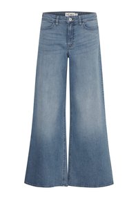 Jeans a gamba larga di colore azzurro chiaro in denim, con vita alta, tasche anteriori e chiusura con un singolo bottone. Texture liscia con effetto sbiadito.