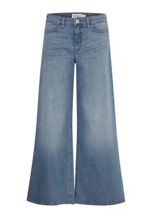 Jeans a gamba larga di colore azzurro chiaro in denim, con vita alta, tasche anteriori e chiusura con un singolo bottone. Texture liscia con effetto sbiadito.