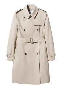 Beżowy płaszcz trench z podwójnym zapięciem, szczegóły z guzikami, talią z paskiem i naramiennikami. Gładka faktura materiału.