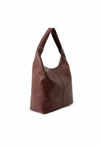 Weiche, braune Leder-Hobo-Tasche mit einer lässigen Form, breitem Griff und subtiler Textur-Oberfläche. Sie hat eine zentrale Nahtverarbeitung auf der Vorderseite.