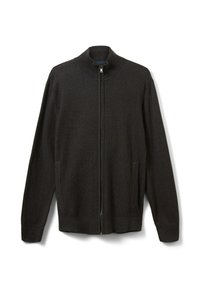 Tmavě šedý svetr na zip s vysokým límcem, žebrovanou strukturou, dvěma bočními kapsami a úzkými manžetami. Vyrobeno z měkkého pleteného materiálu.