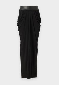 Fustă neagră cu un design drapat, având o talie din piele neagră groasă. Material neted cu plii verticale, lungime până la glezne.