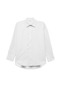 Camisa de botones de manga larga en gris claro con un patrón a cuadros, cuello y dobladillo curvado. Hecha de una tela suave.
