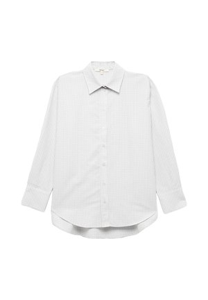 Lichtgrijs, langemouwen overhemd met knopen, voorzien van een geblokt patroon, kraag en afgeronde zoom. Gemaakt van een soepele stof.