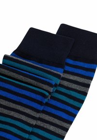 Stribede sokker med farverne mørkeblå, lyseblå, teal, grå og marineblå. Ribbede manchetter og glat tekstur. Skridsikker design.