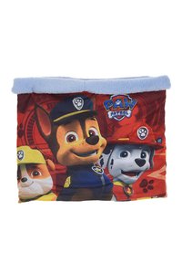 Coperta della Paw Patrol con un vivace tessuto rosso che presenta cani dei cartoni animati. Bordo in morbido fleece azzurro; i personaggi includono Chase e Marshall.