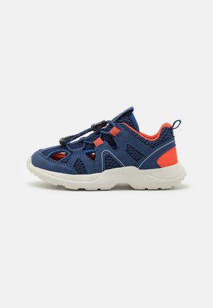 Child's blue and orange mesh sport sandal with white sole and elastic bungee lacing, designed for breathability and outdoor activity.
