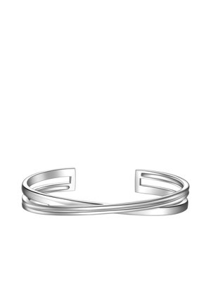 Bracciale a polsino aperto in argento con due fasce lisce incrociate che creano un design semplice ed elegante.