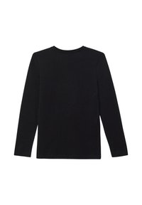 Zwarte longsleeve T-shirt met ronde hals, gemaakt van een gladde stof met een eenvoudig ontwerp. Geen zichtbare logo's of patronen.