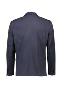 Marinblå pinstripad kavaj med en strukturerad silhuett, notch-lapel, enkel slits och fyra knappar på varje ärm. Slät tygtextur.