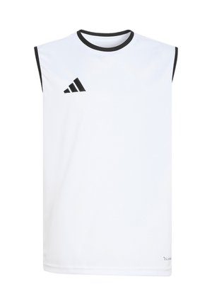 Biała sportowa koszulka bez rękawów, z czarną lamówką na kołnierzu i rękawach, z czarnym logo Adidas na lewej piersi.