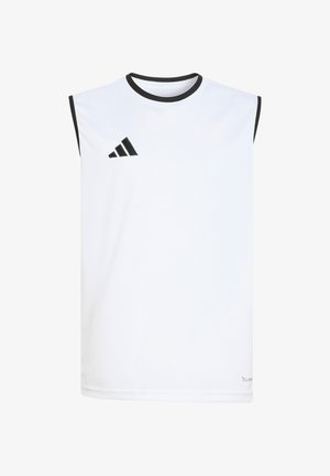 Wit mouwloos sportshirt met zwarte rand op kraag en mouwen, met een zwart Adidas-logo op de linkerborst.
