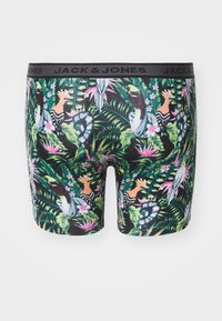 Schwarze Boxershorts mit buntem tropischem Druck, der rosa Blumen, grüne Blätter und verschiedene Vögel zeigt. Elastischer Bund mit Logo.