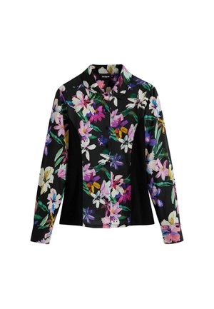 Chemise à boutons florale avec un fond noir et des motifs de fleurs multicolores vives, à manches longues et avec un col.