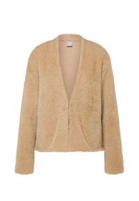 Beige Pelzjacke mit weicher, flauschiger Textur, offenem Vorderteil und langen Ärmeln. Verfügt über zwei Seitentaschen und ein lässiges Design.