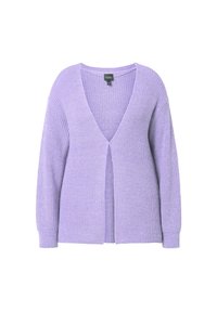 Lila cardigan med V-ringning, öppen framsida, ribbad textur och långa ärmar. Har en avslappnad passform och mjukt stickat material.
