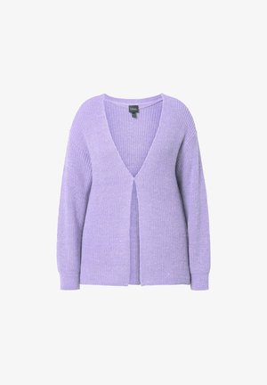 Lila neulecardigan, jossa on V-pääntie, auki oleva etuosa, röyhelötekstuuri ja pitkät hihat. Ominaisuuksiin kuuluu rento istuvuus ja pehmeä neulomateriaali.