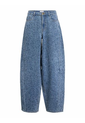 Jean en denim bleu à taille haute et jambes larges, avec un motif tacheté, fermeture à boutons sur le devant, fermeture éclair, et design à cinq poches.