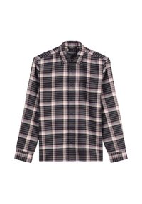 Hemd mit Kragen und Knopfleiste in dunkelblauem und rosa kariertem Muster, langärmlig, mit schwarzen Knöpfen, Baumwollstoff mit strukturierter Oberfläche.