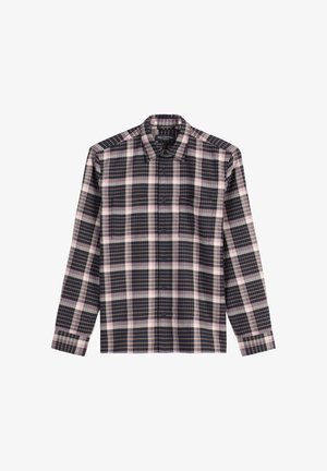 Overhemd met kraag en knopen in marineblauw en roze ruitpatroon, lange mouwen, voorzien van zwarte knopen, katoenen stof met een gestructureerde afwerking.