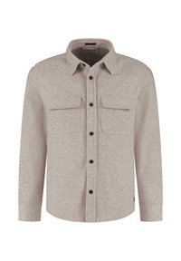 Helehall flanellist särk pika varrukaga, terava kraega, kahe rinnataskuga, esise nupuga sulgemisega ja tumedate nuppudega kontrastiks.