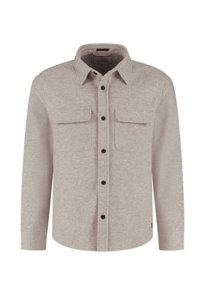  lichtgrijze flanellen shirt met lange mouwen, puntige kraag, twee borstzakken, frontale knoopsluiting en donkergekleurde knopen voor contrast.