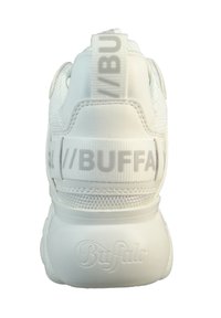 White athletic sneaker featuring a smooth leather upper, mesh accents, a padded collar, and a logoed heel tab with a thick rubber sole.