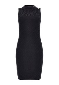 Robe sans manches noire avec un motif géométrique texturé, col haut et des boutons décoratifs sur une épaule. Silhouette ajustée.