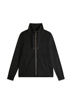 Giacca nera con zip e colletto alto, realizzata in tessuto morbido. Presenta due tasche frontali, un logo tono su tono e polsini elasticizzati. Texture liscia.